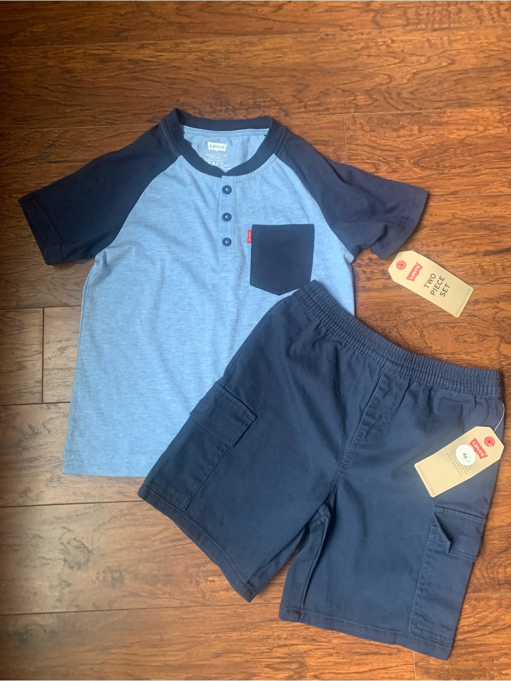 Levi's Light Blue Henley Tee with Navy Raglan Sleeves & Navy Cargo Shorts